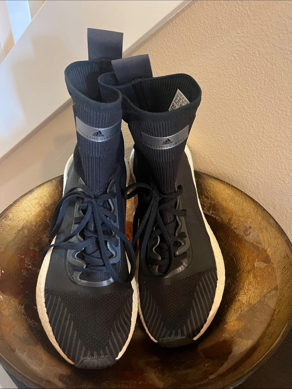Adidas by Stella McCartney Black Sock-Style Athletic Sneakers with White Midsole